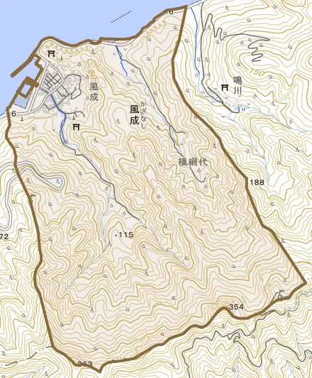 大字風成とその周辺の地図。町の範囲を重ねている
