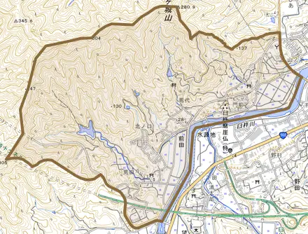 大字前田とその周辺の地図。町の範囲を重ねている