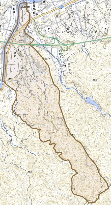 大字望月とその周辺の地図。町の範囲を重ねている