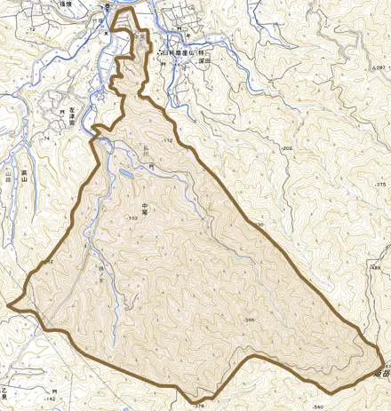 大字中尾とその周辺の地図。町の範囲を重ねている