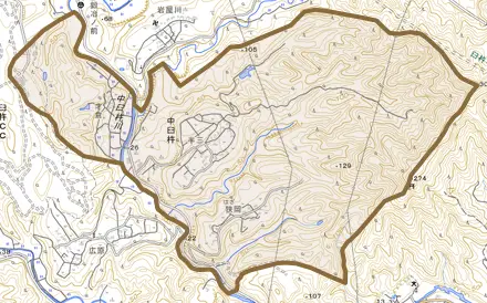 大字中臼杵とその周辺の地図。町の範囲を重ねている