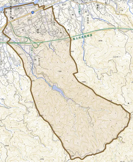 大字野田とその周辺の地図。町の範囲を重ねている