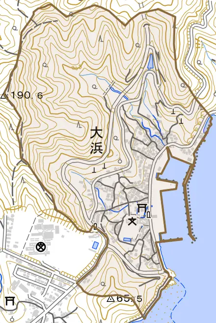 大字大浜とその周辺の地図。町の範囲を重ねている