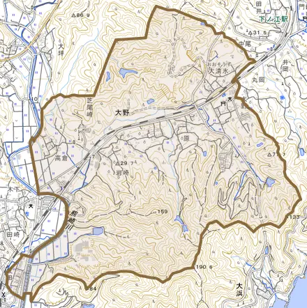 大字大野とその周辺の地図。町の範囲を重ねている