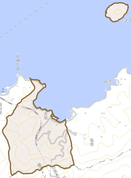 大字大泊とその周辺の地図。町の範囲を重ねている