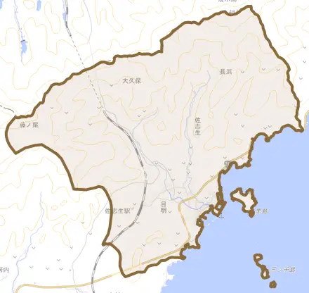 大字佐志生とその周辺の地図。町の範囲を重ねている