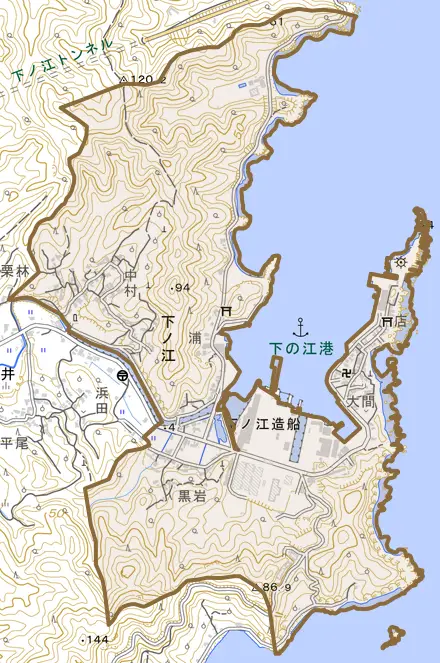 大字下ノ江とその周辺の地図。町の範囲を重ねている