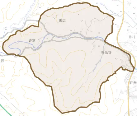大字末広とその周辺の地図。町の範囲を重ねている