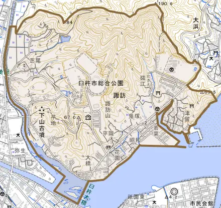 大字諏訪とその周辺の地図。町の範囲を重ねている