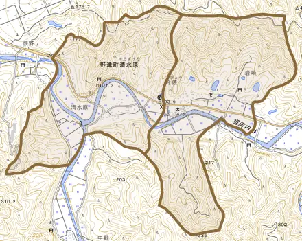 野津町大字清水原とその周辺の地図。町の範囲を重ねている