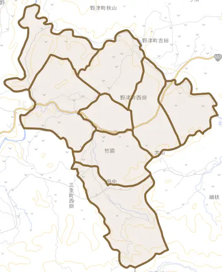 野津町大字西畑とその周辺の地図。町の範囲を重ねている