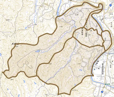 野津町大字原とその周辺の地図。町の範囲を重ねている