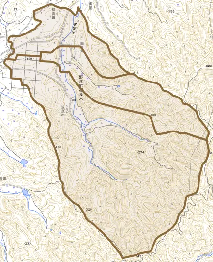 野津町大字福良木とその周辺の地図。町の範囲を重ねている