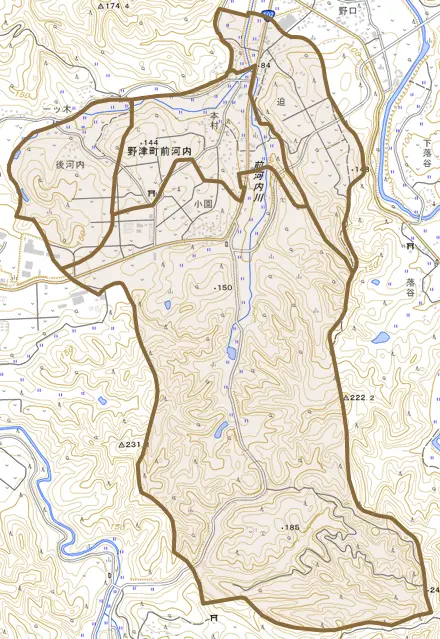野津町大字前河内とその周辺の地図。町の範囲を重ねている