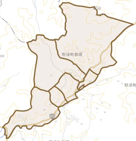 野津町大字都原とその周辺の地図。町の範囲を重ねている