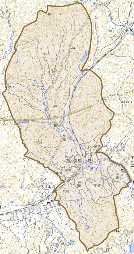 大字田井とその周辺の地図。町の範囲を重ねている