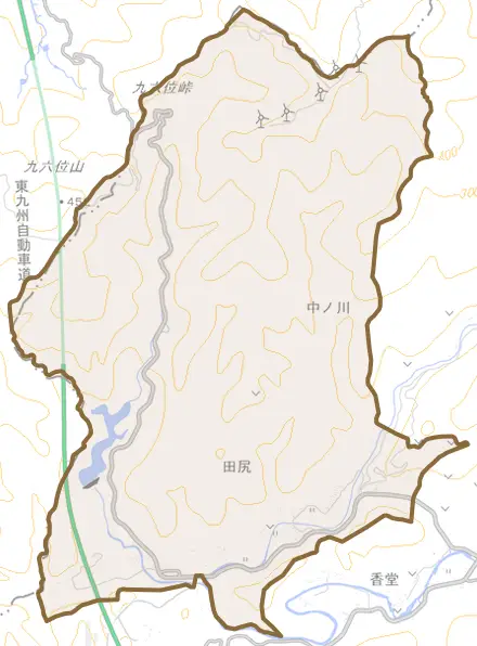 大字田尻とその周辺の地図。町の範囲を重ねている