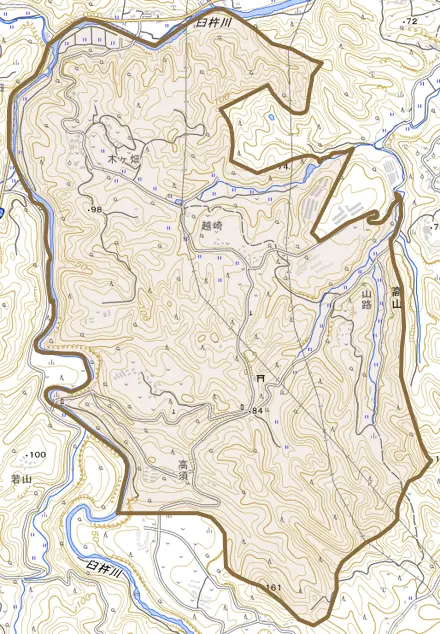 大字高山とその周辺の地図。町の範囲を重ねている