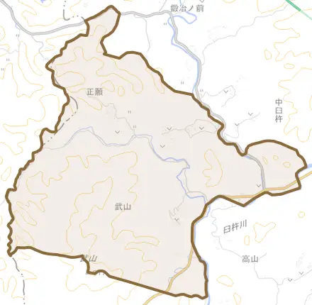 大字武山とその周辺の地図。町の範囲を重ねている