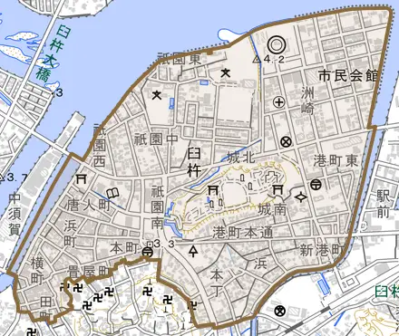大字臼杵とその周辺の地図。町の範囲を重ねている