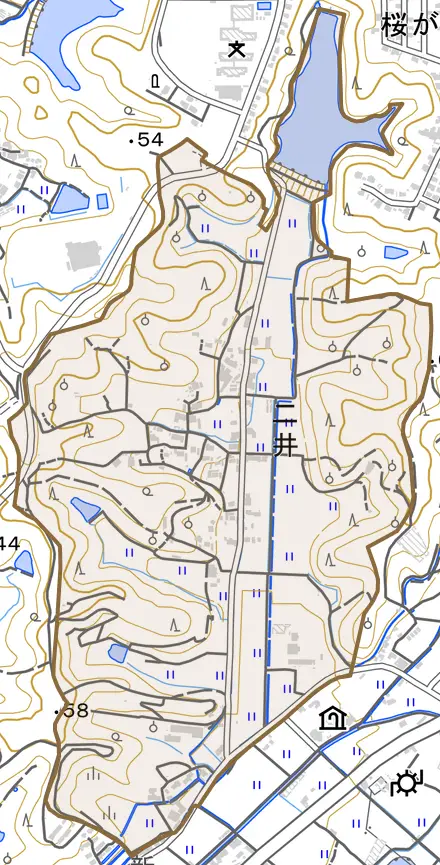 二井とその周辺の地図。町の範囲を重ねている