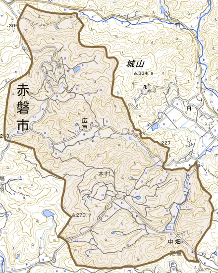 広戸とその周辺の地図。町の範囲を重ねている