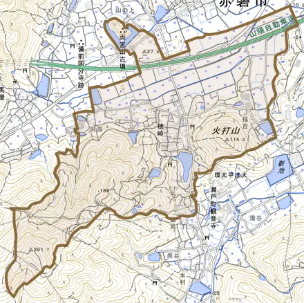 穂崎とその周辺の地図。町の範囲を重ねている