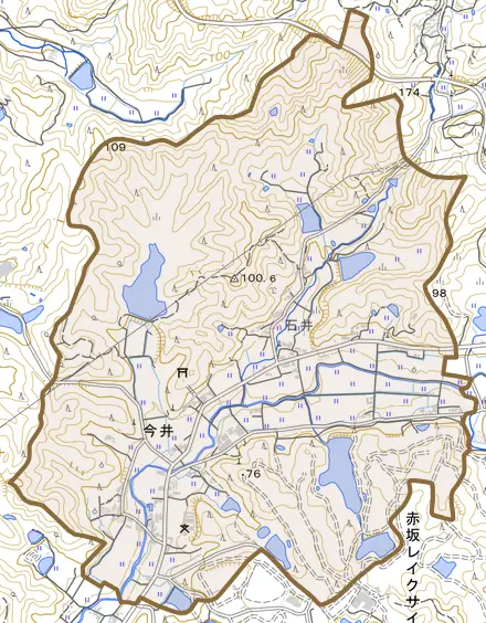 今井とその周辺の地図。町の範囲を重ねている