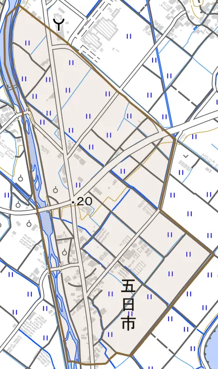 五日市とその周辺の地図。町の範囲を重ねている