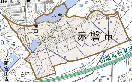 岩田とその周辺の地図。町の範囲を重ねている