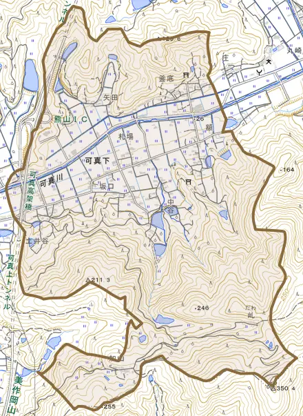 可真下とその周辺の地図。町の範囲を重ねている