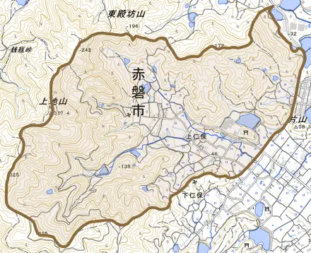 上仁保とその周辺の地図。町の範囲を重ねている