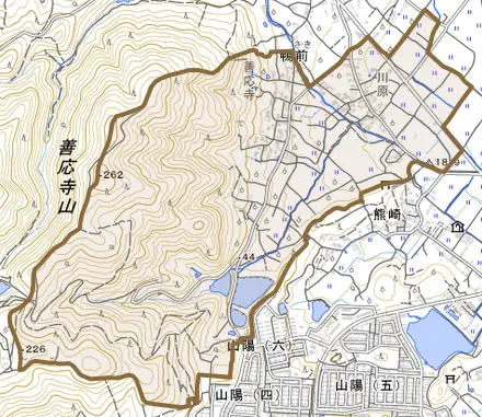 鴨前とその周辺の地図。町の範囲を重ねている