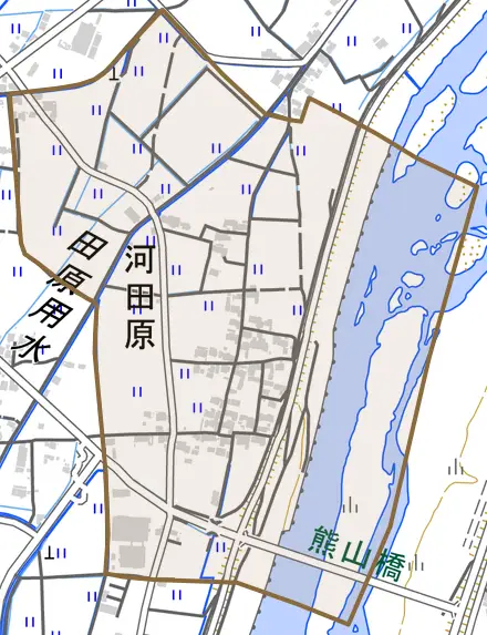 河田原とその周辺の地図。町の範囲を重ねている
