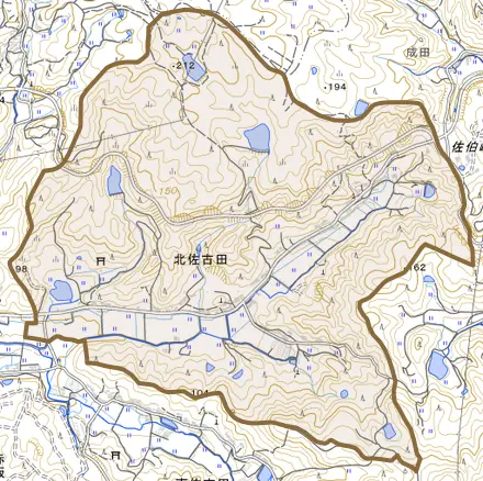 北佐古田とその周辺の地図。町の範囲を重ねている