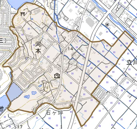 河本とその周辺の地図。町の範囲を重ねている