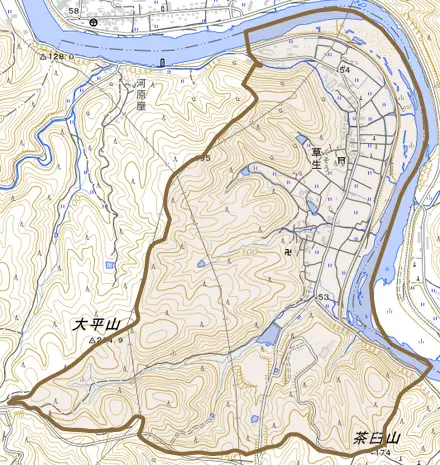 草生とその周辺の地図。町の範囲を重ねている