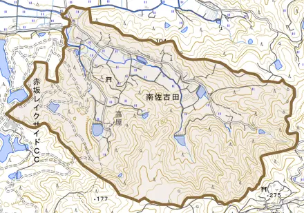 南佐古田とその周辺の地図。町の範囲を重ねている