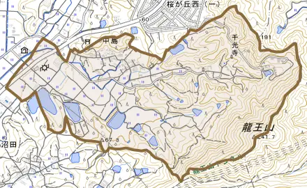 中島とその周辺の地図。町の範囲を重ねている