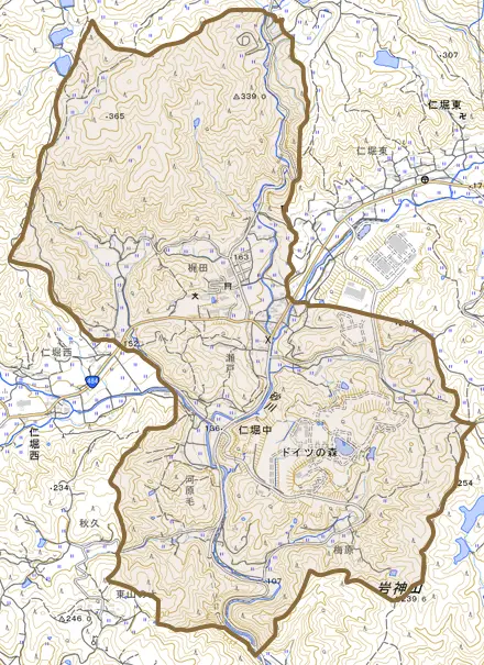 仁堀中とその周辺の地図。町の範囲を重ねている