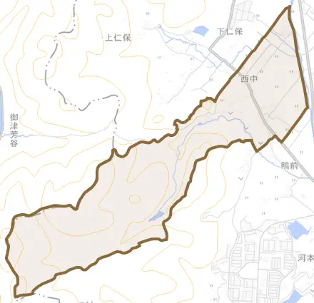 西中とその周辺の地図。町の範囲を重ねている