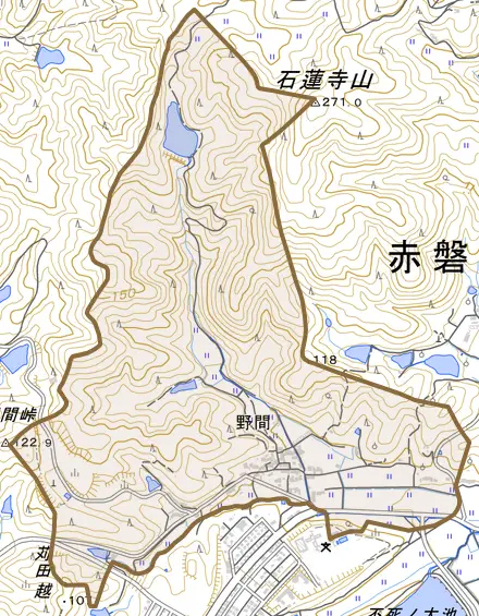 野間とその周辺の地図。町の範囲を重ねている