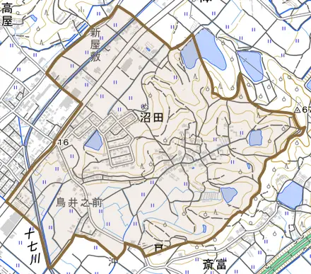 沼田とその周辺の地図。町の範囲を重ねている