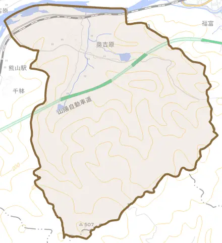 奥吉原とその周辺の地図。町の範囲を重ねている