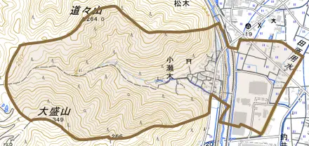 小瀬木とその周辺の地図。町の範囲を重ねている