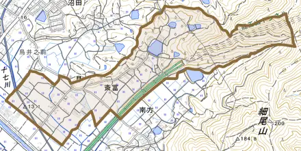 斎富とその周辺の地図。町の範囲を重ねている