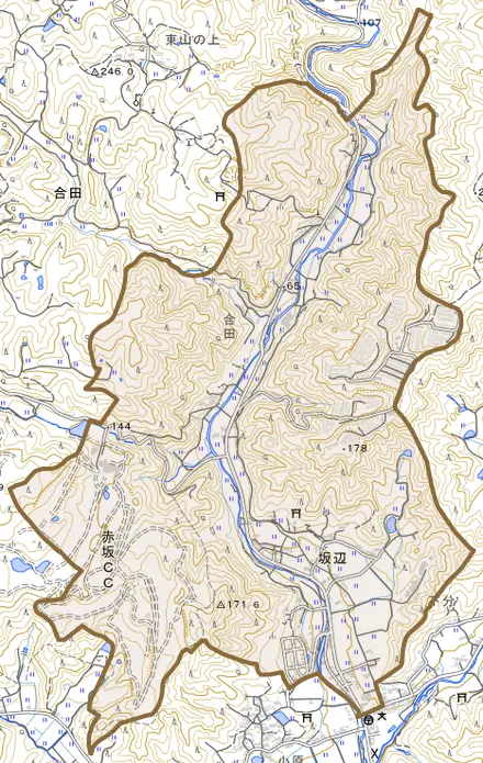 坂辺とその周辺の地図。町の範囲を重ねている