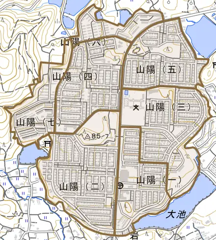 山陽とその周辺の地図。町の範囲を重ねている