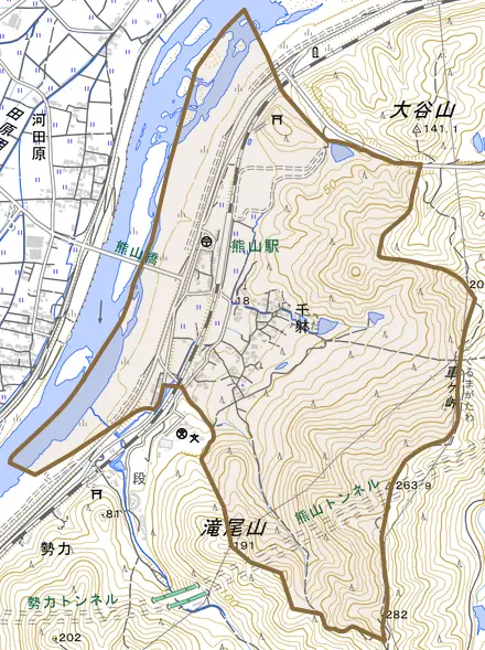 千躰とその周辺の地図。町の範囲を重ねている