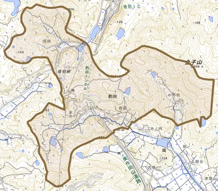 酌田とその周辺の地図。町の範囲を重ねている